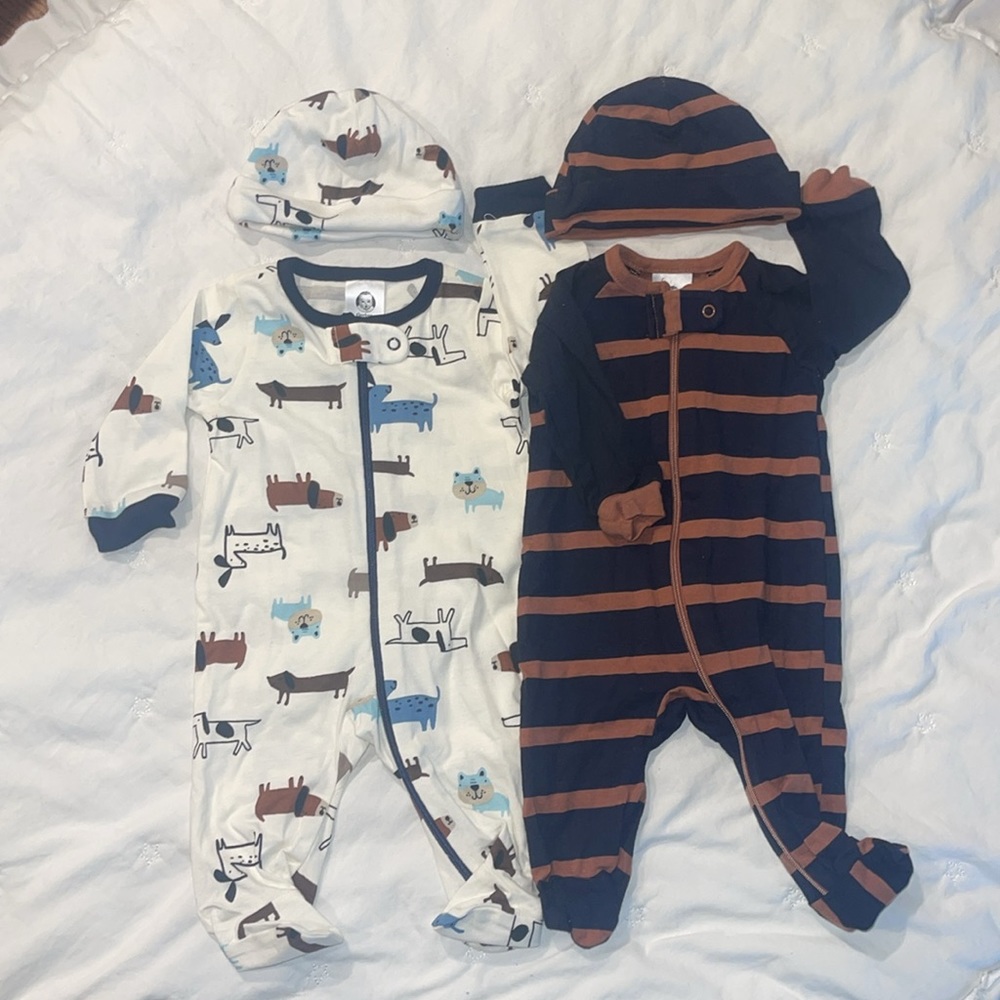NB two Gerbers onesies with matching hats.